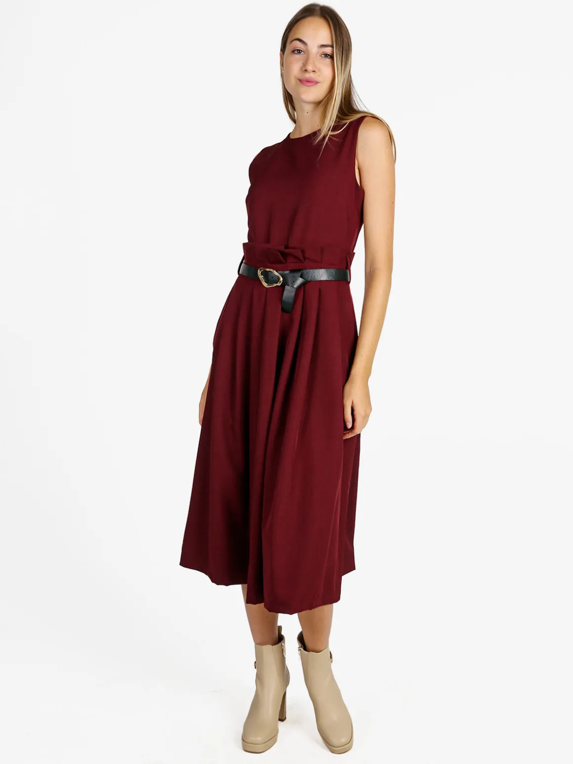 Daystar Abito lungo da donna smanicato con cintura - bordeaux
