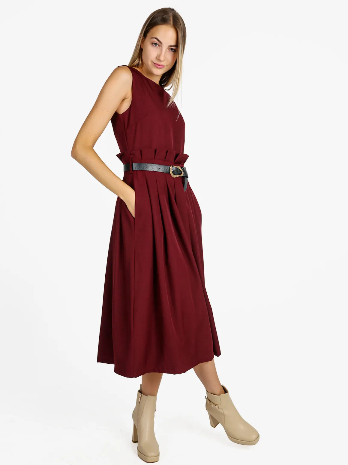 Daystar Abito lungo da donna smanicato con cintura - bordeaux