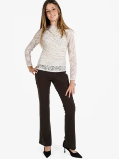 Daystar Maglietta donna a maniche lunghe in pizzo con arricciatura - beige