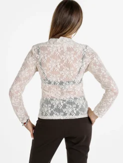Daystar Maglietta donna a maniche lunghe in pizzo con arricciatura - beige
