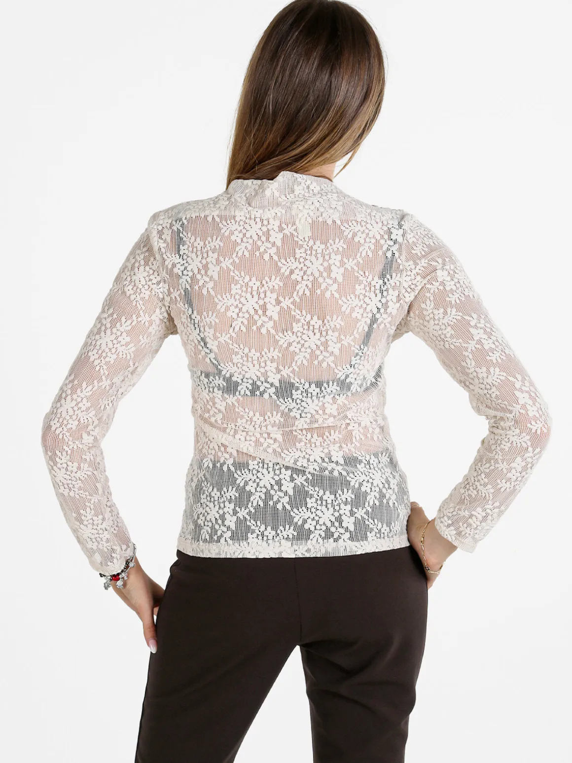 Daystar Maglietta donna a maniche lunghe in pizzo con arricciatura - beige