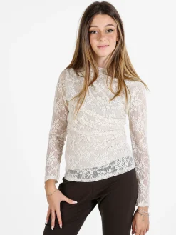 Daystar Maglietta donna a maniche lunghe in pizzo con arricciatura - beige