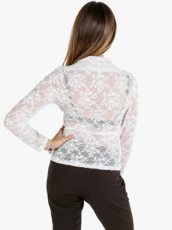 Daystar Maglietta donna a maniche lunghe in pizzo con arricciatura - bianco