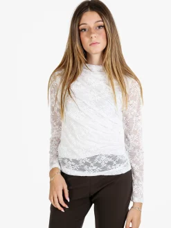 Daystar Maglietta donna a maniche lunghe in pizzo con arricciatura - bianco