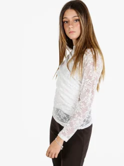 Daystar Maglietta donna a maniche lunghe in pizzo con arricciatura - bianco