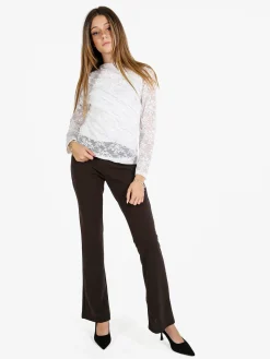 Daystar Maglietta donna a maniche lunghe in pizzo con arricciatura - bianco