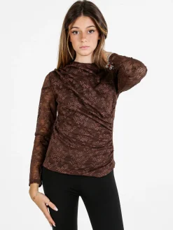 Daystar Maglietta donna a maniche lunghe in pizzo con arricciatura - moro