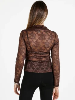 Daystar Maglietta donna a maniche lunghe in pizzo con arricciatura - moro