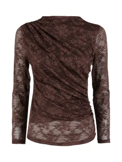 Daystar Maglietta donna a maniche lunghe in pizzo con arricciatura - moro