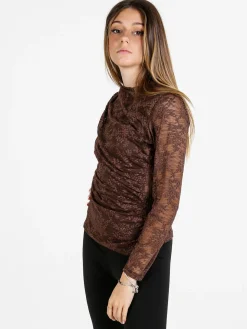 Daystar Maglietta donna a maniche lunghe in pizzo con arricciatura - moro