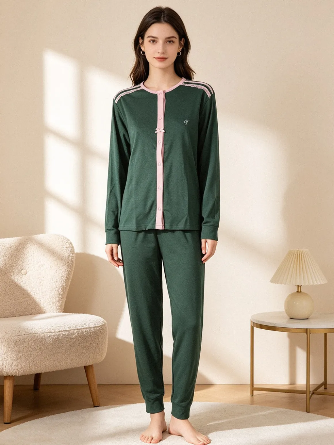 De Fonseca Pigiama donna in cotone con bottoni - verde