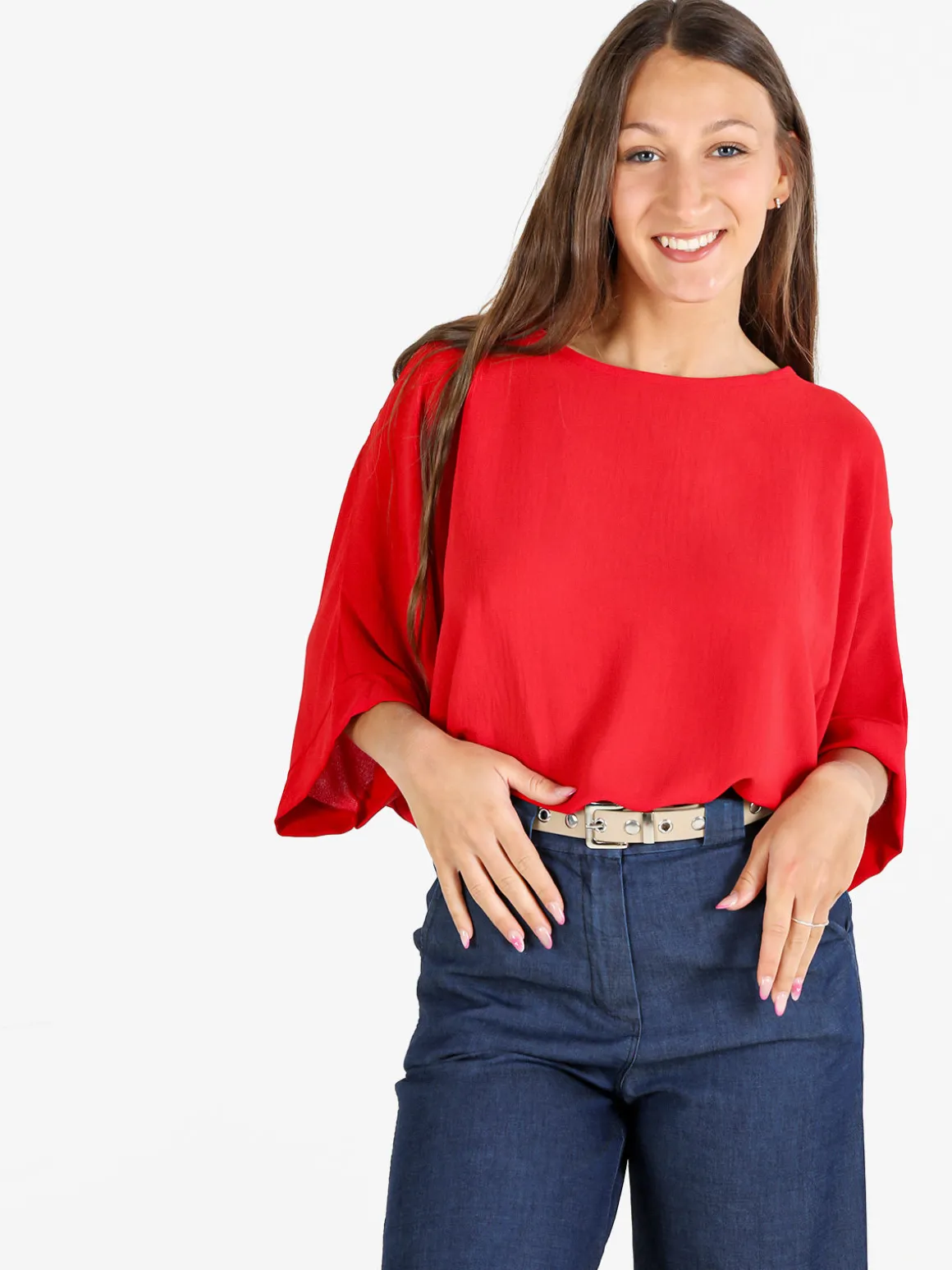 Deva Moda Blusa donna oversize a maniche corte con fiocco dietro
