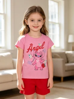 Disney Lilo & Stitch Completo corto da bambina in cotone con t-shirt e shorts con coulisse - rosa