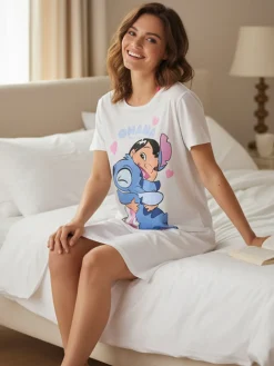 Disney Lilo & Stitch Maxi t-shirt da donna in cotone a maniche corte con stampa disegno - bianco
