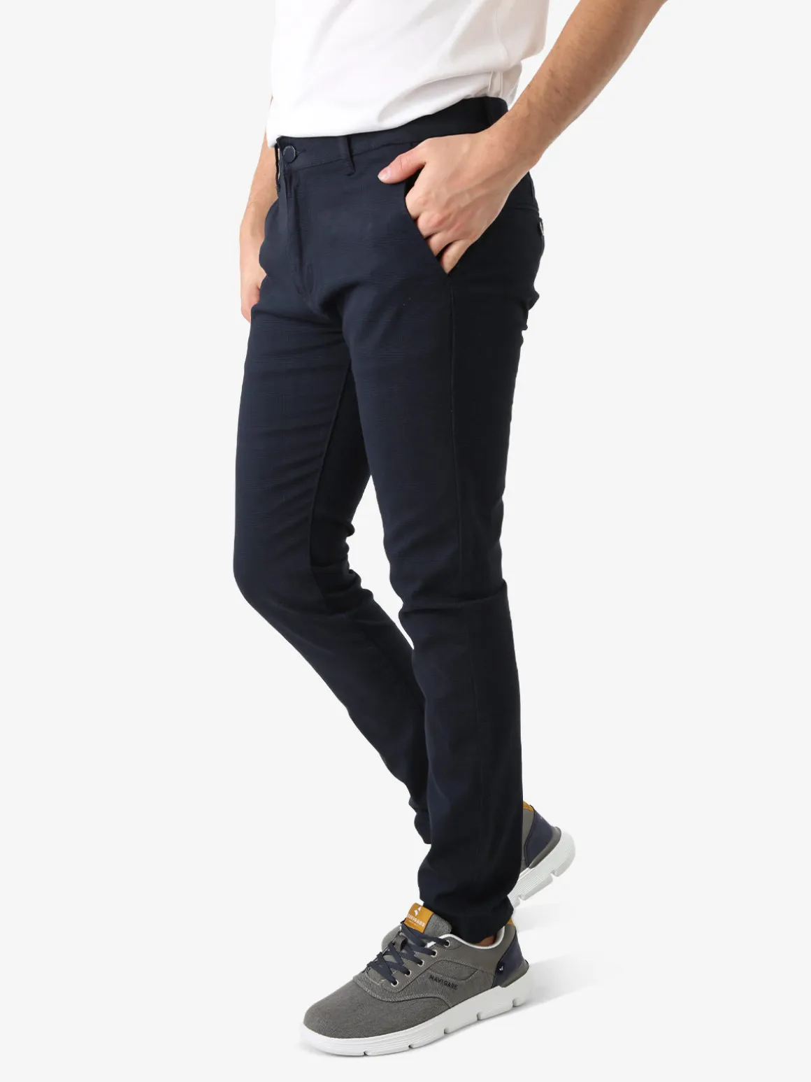 3-D Jeans Pantaloni casual da uomo slim fit con stampa pied de poule - blu scuro