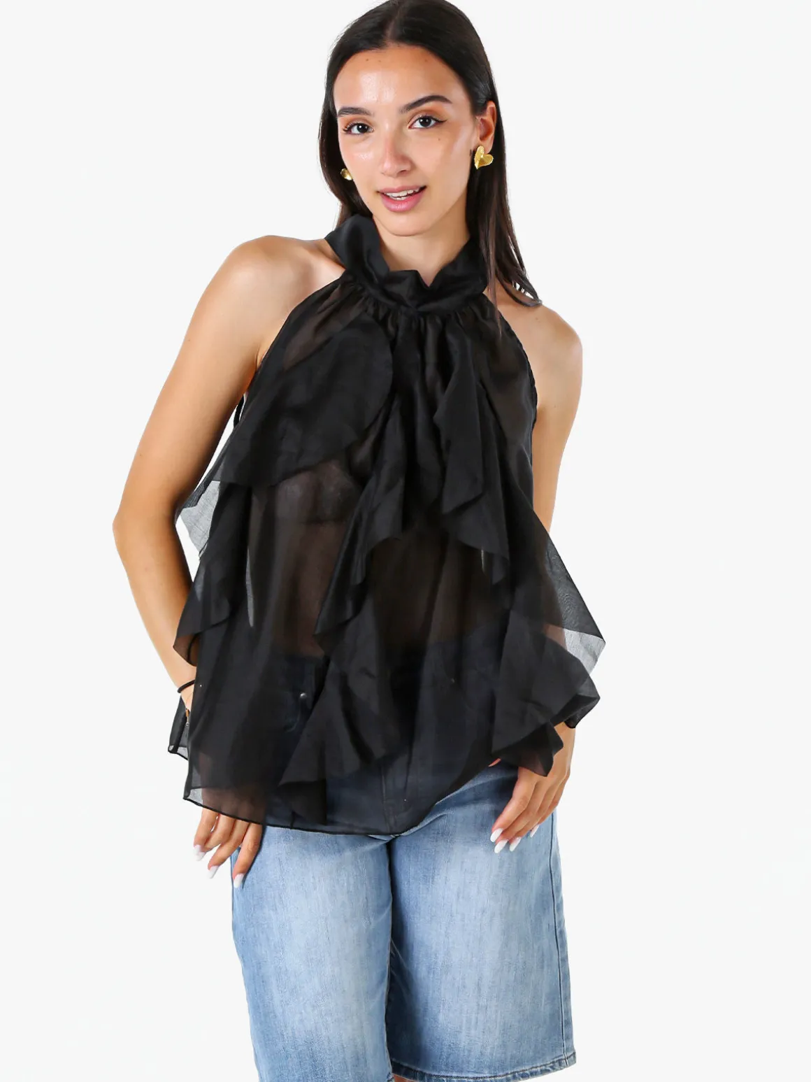 Doremi Top donna con volant e allacciatura al collo - nero