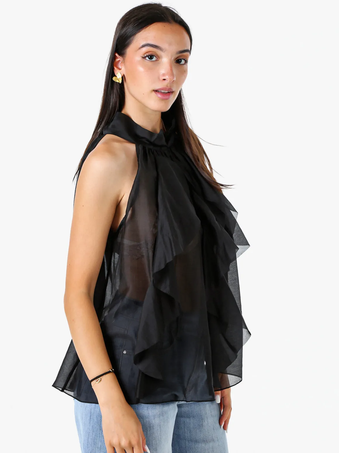 Doremi Top donna con volant e allacciatura al collo - nero