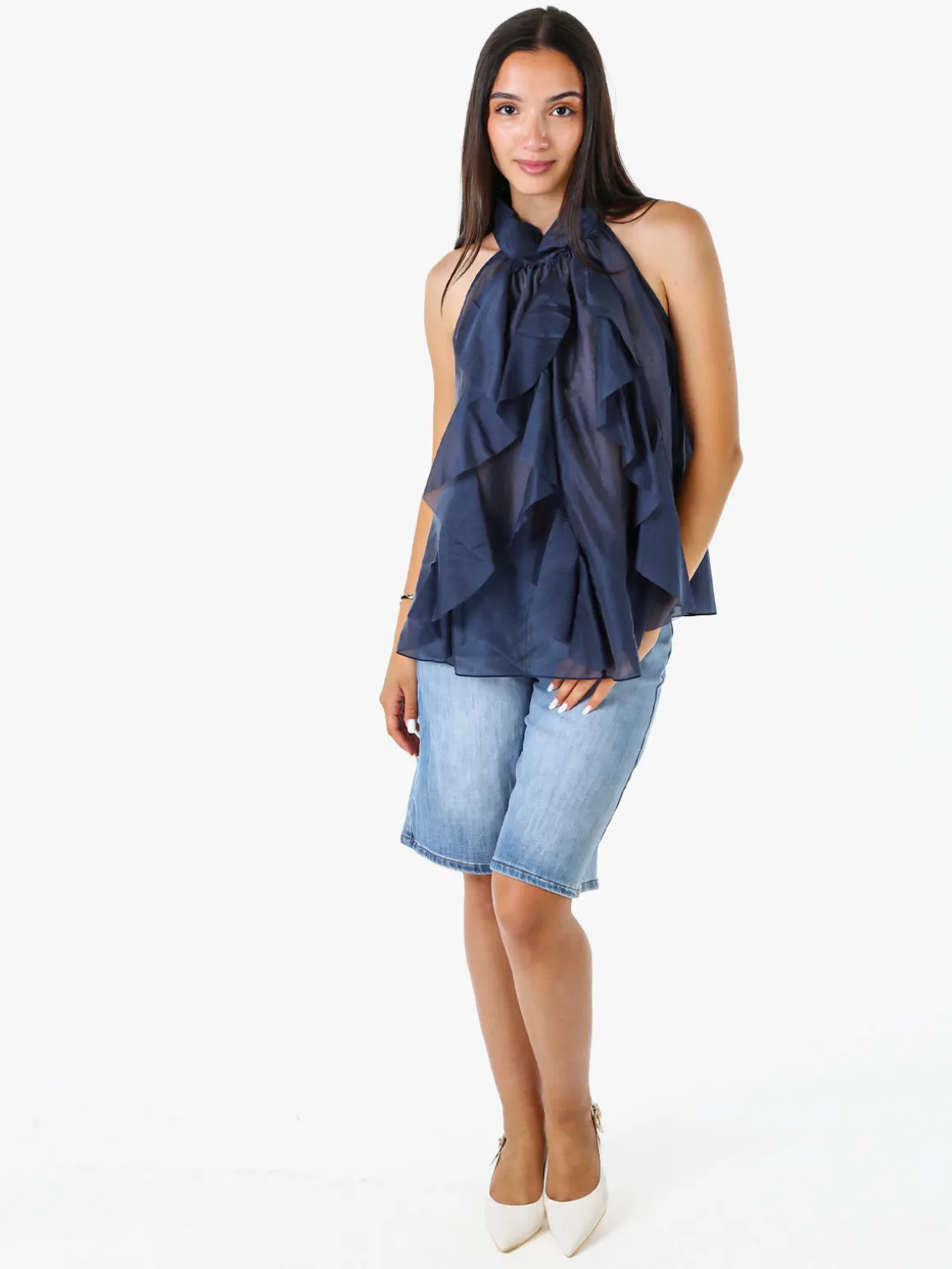Doremi Top donna con volant e allacciatura al collo - blu scuro