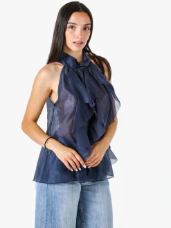 Doremi Top donna con volant e allacciatura al collo - blu scuro