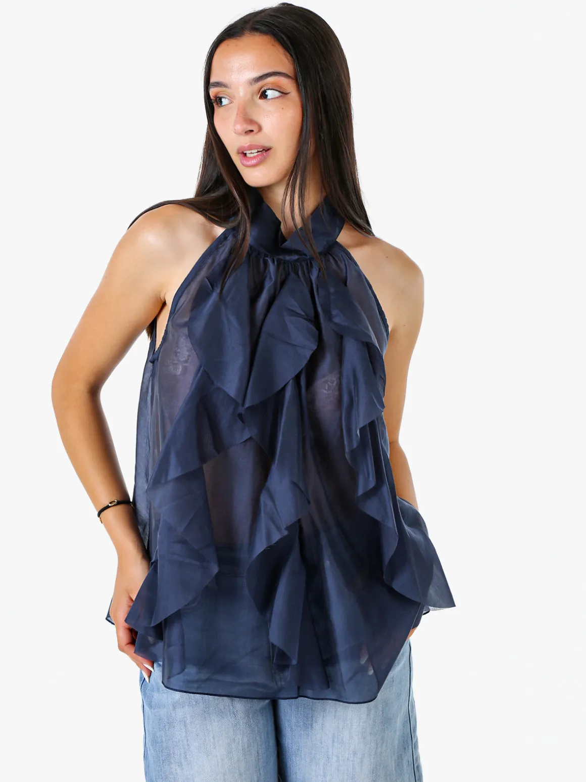 Doremi Top donna con volant e allacciatura al collo - blu scuro