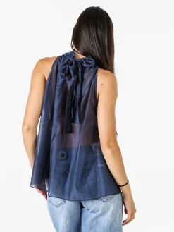 Doremi Top donna con volant e allacciatura al collo - blu scuro