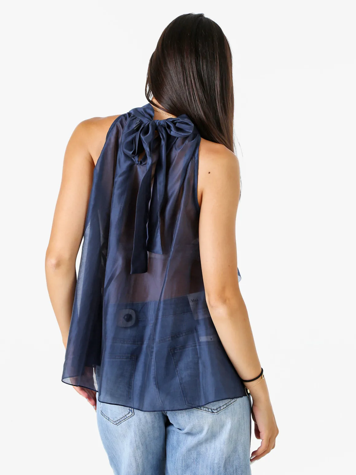 Doremi Top donna con volant e allacciatura al collo - blu scuro