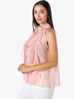 Doremi Top donna con volant e allacciatura al collo - rosa