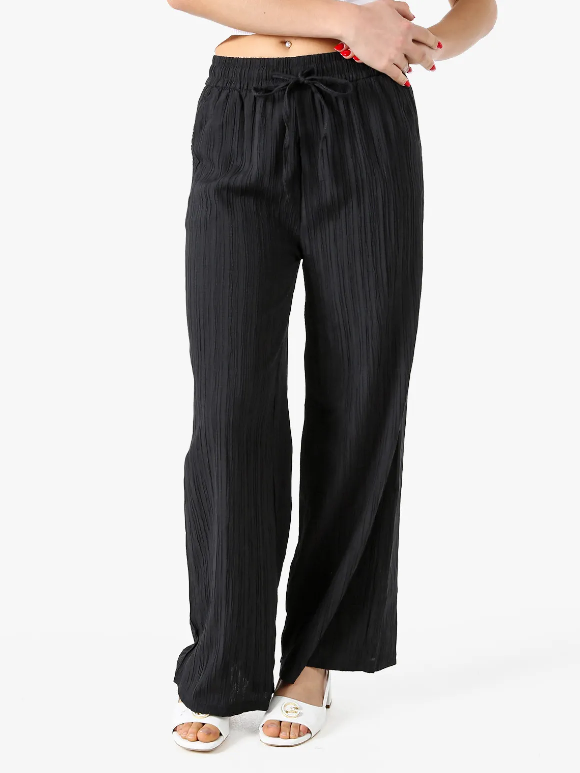 Eletta Pantaloni donna a palazzo con coulisse - nero