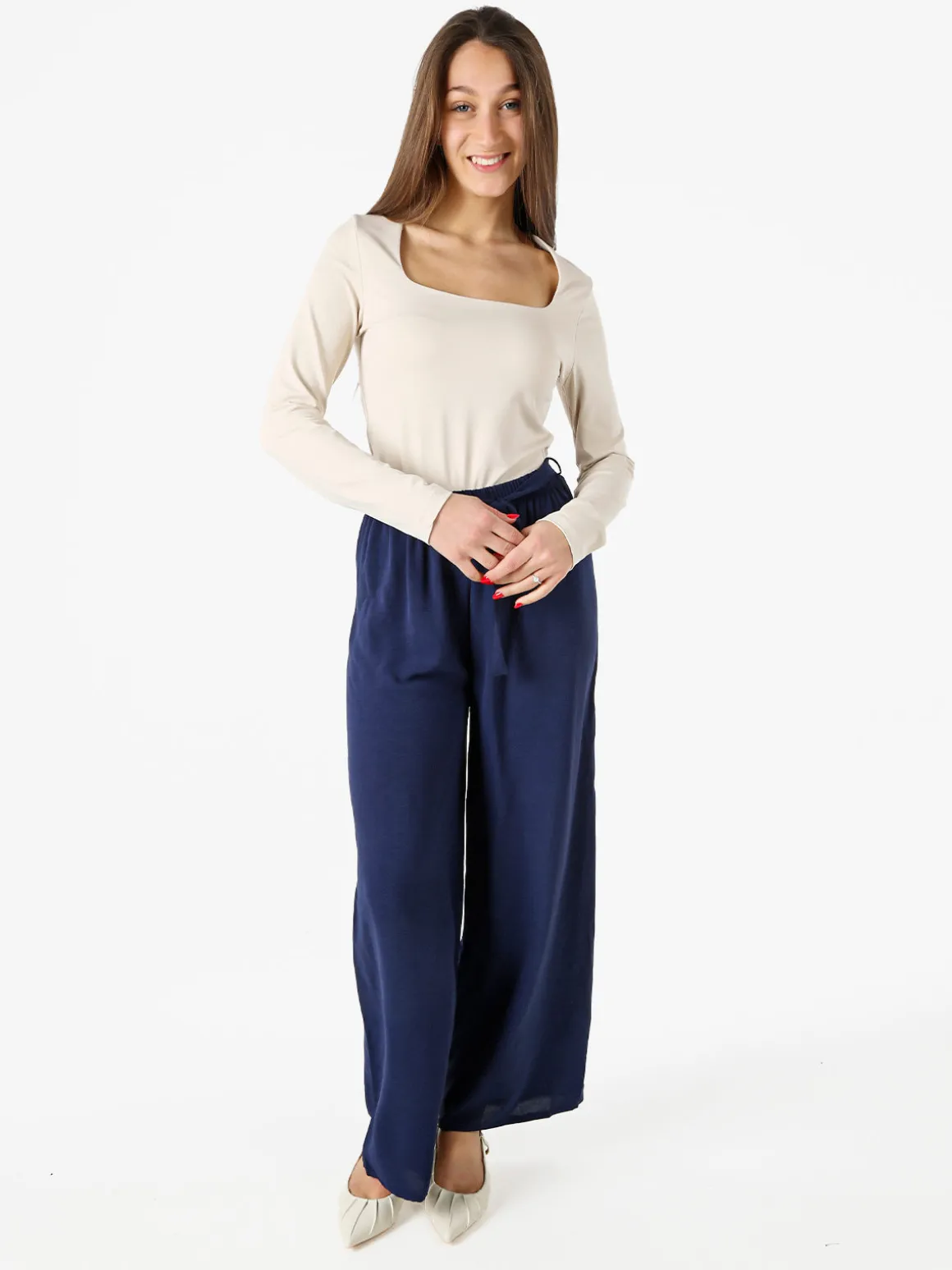 Eletta Pantaloni donna a palazzo in crèpe - blu