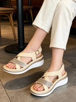 Energy Sandali donna con strass e zeppa comfort - panna