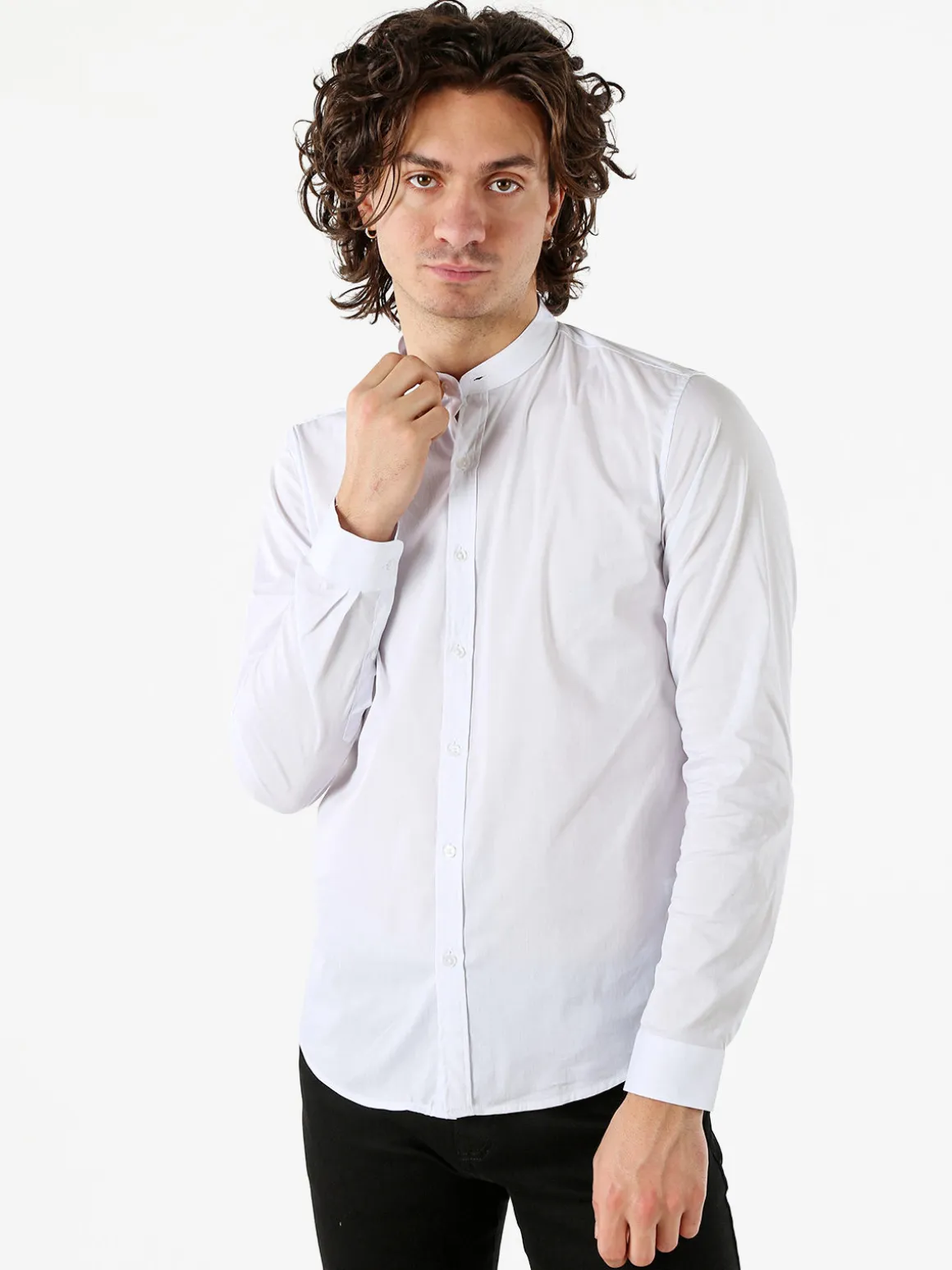 Enos Jeans Camicia da uomo slim fit a maniche lunghe con collo alla coreana - bianco