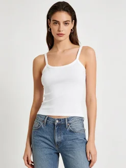 Essenziale Milano Top donna a coste con spalline strette e scollo vogatore - bianco