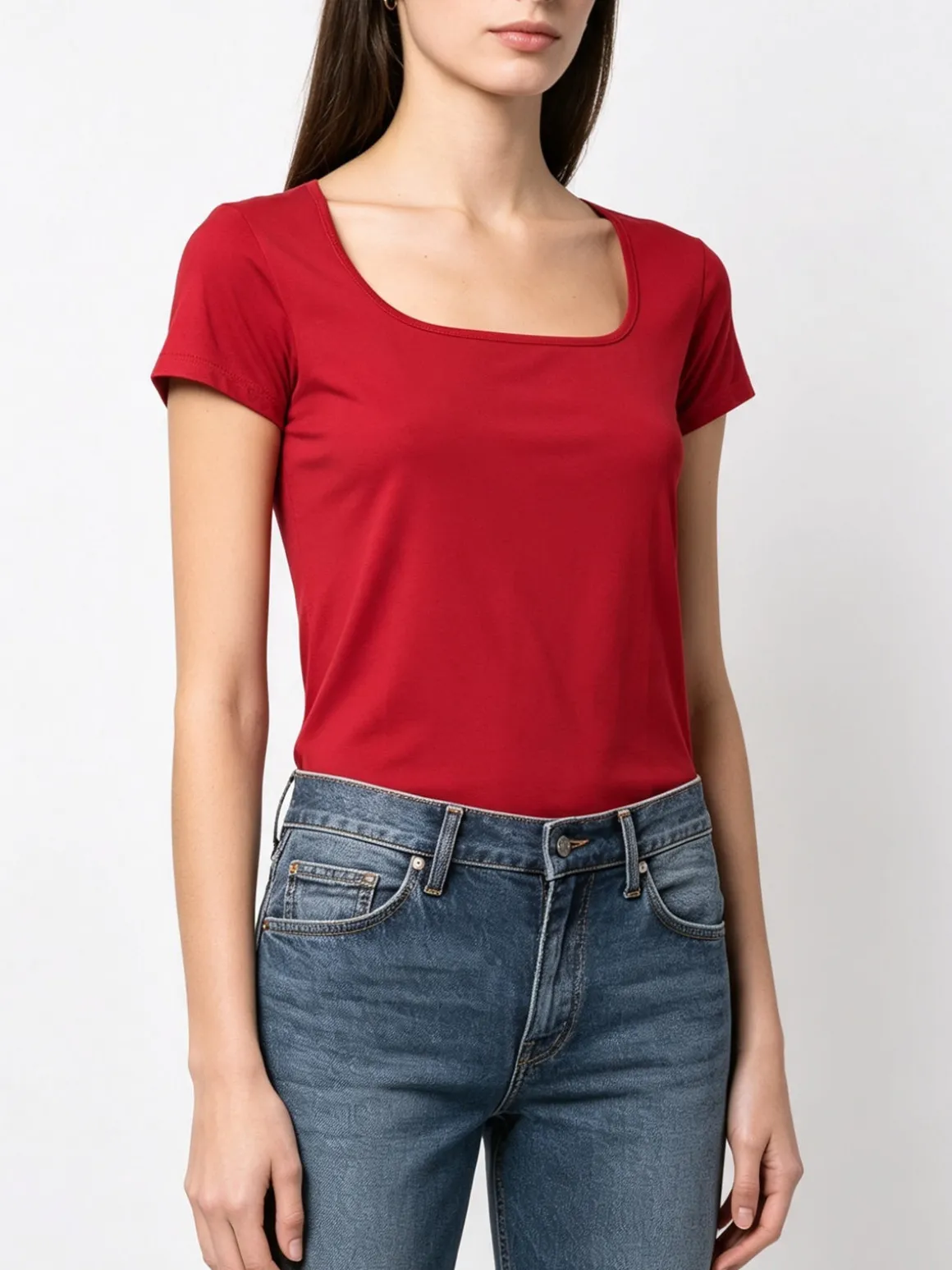 Essenziale Milano T-shirt da donna in cotone con scollo quadrato - bordeaux