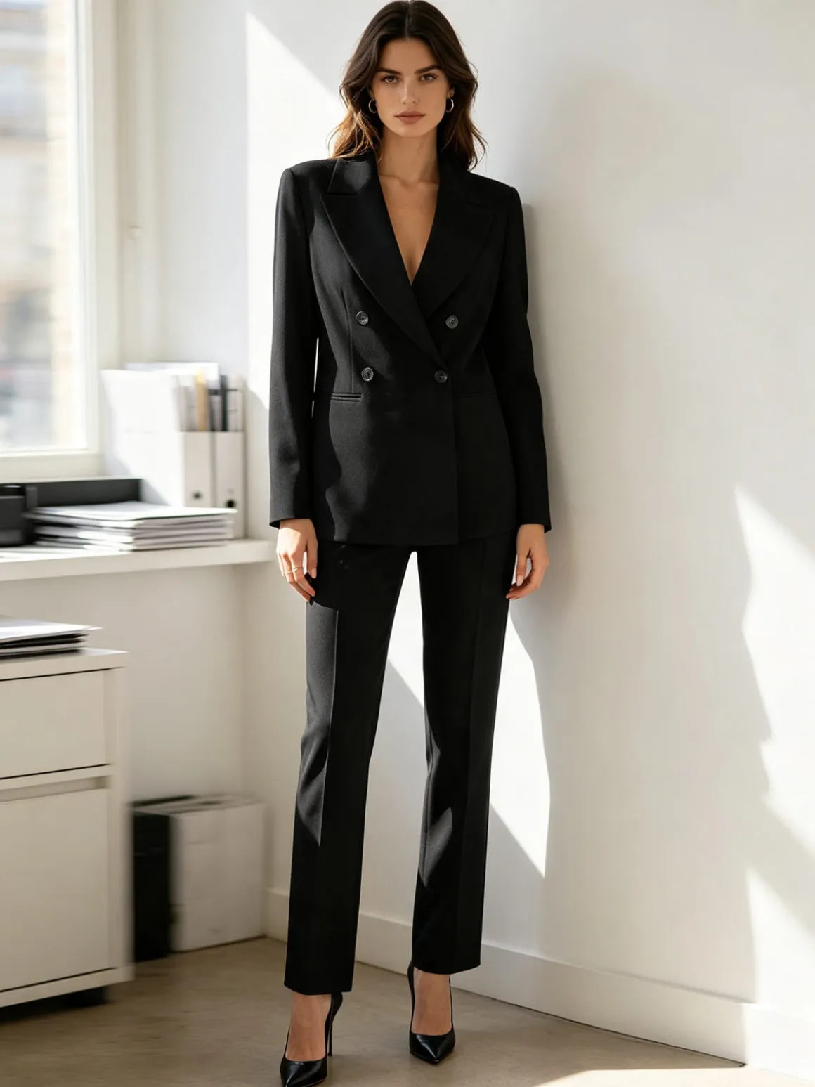 Fast Fashion Completo elegante da donna con blazer a doppiopetto e pantaloni a gamba dritta - nero
