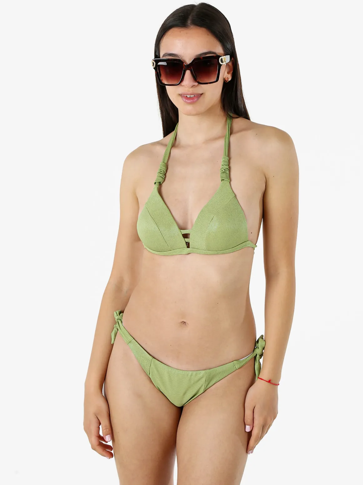 Fendian Bikini donna con reggiseno a triangolo imbottito e slip con laccetti - verde