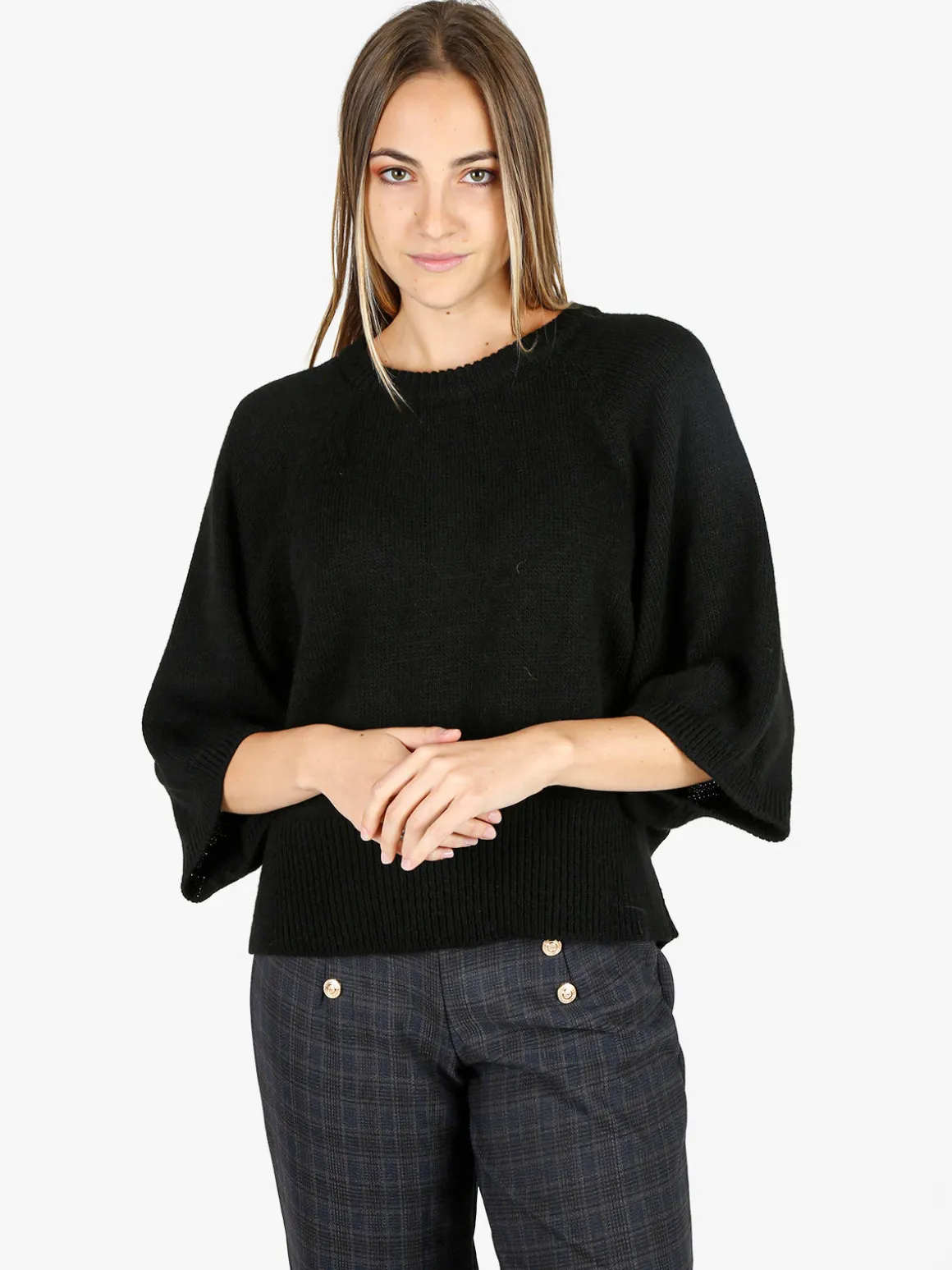 Fh Maglione donna in misto lana con maniche a pipistrello - nero