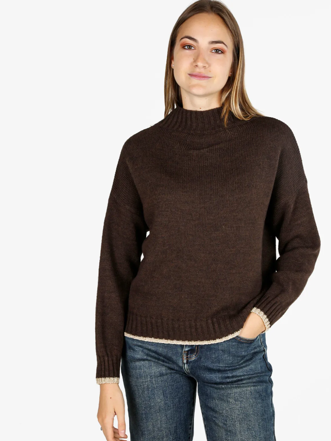 Fh Maglione donna in misto lana con dettaglio lurex - marrone