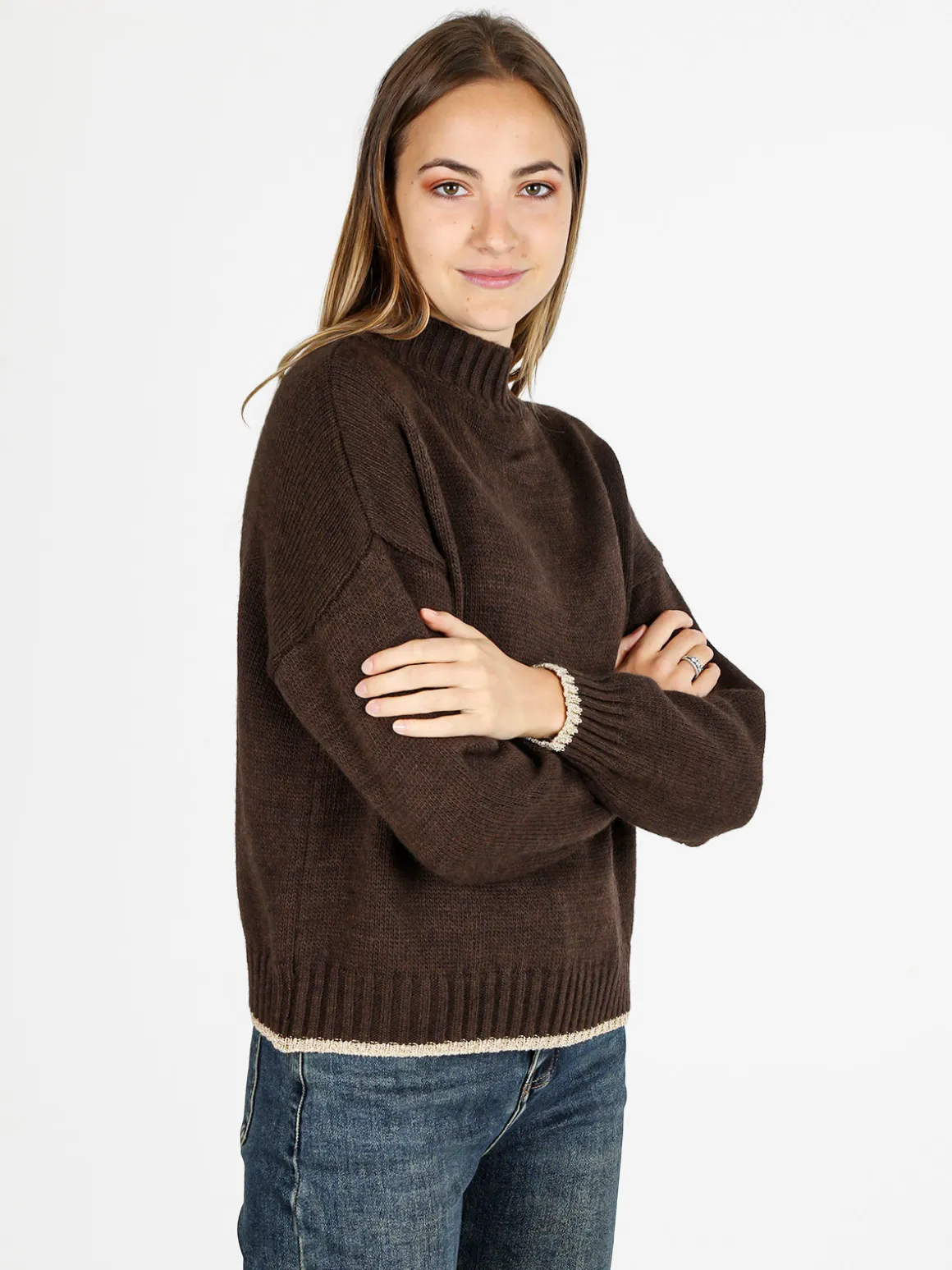 Fh Maglione donna in misto lana con dettaglio lurex - marrone