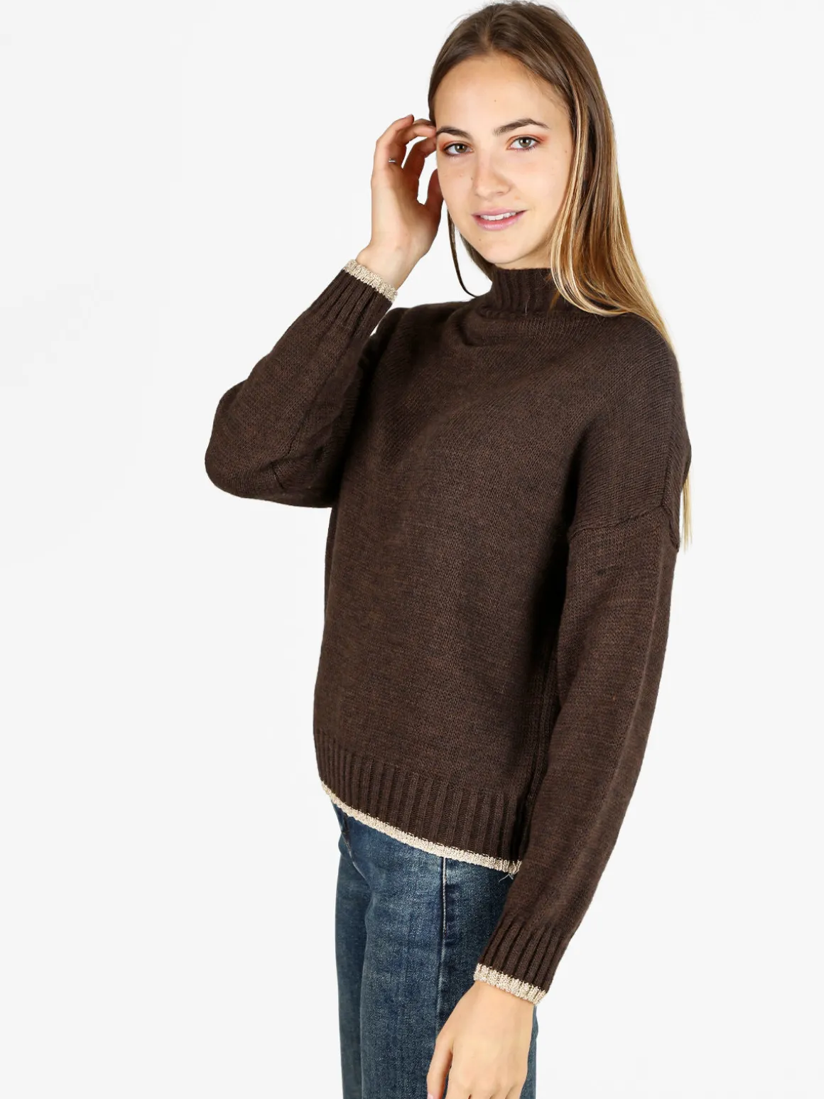 Fh Maglione donna in misto lana con dettaglio lurex - marrone