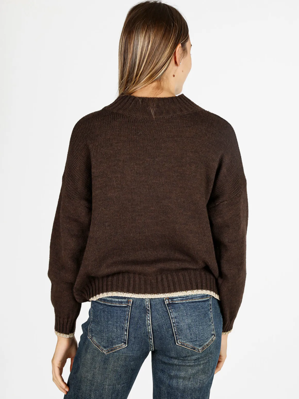 Fh Maglione donna in misto lana con dettaglio lurex - marrone
