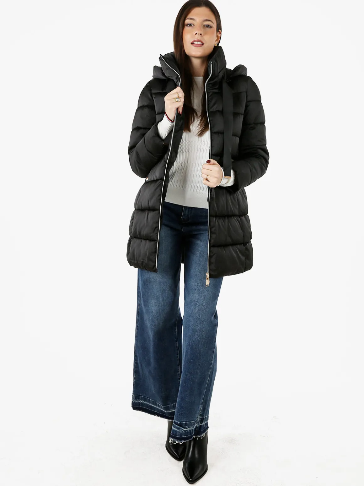 Flight Finery Giubbotto lungo da donna imbottito con cappuccio e zip - nero
