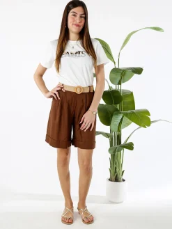 Frenetika Bermuda donna in misto lino con cintura in rafia - marrone