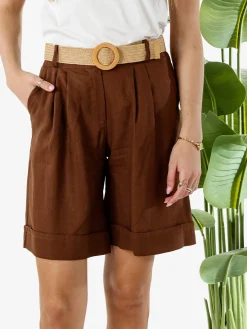 Frenetika Bermuda donna in misto lino con cintura in rafia - marrone