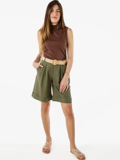 Frenetika Bermuda donna in misto lino con cintura in rafia - militare