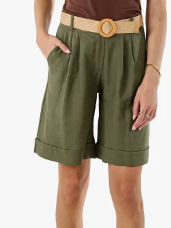 Frenetika Bermuda donna in misto lino con cintura in rafia - militare