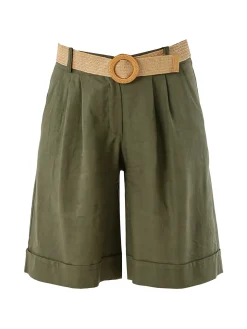 Frenetika Bermuda donna in misto lino con cintura in rafia - militare