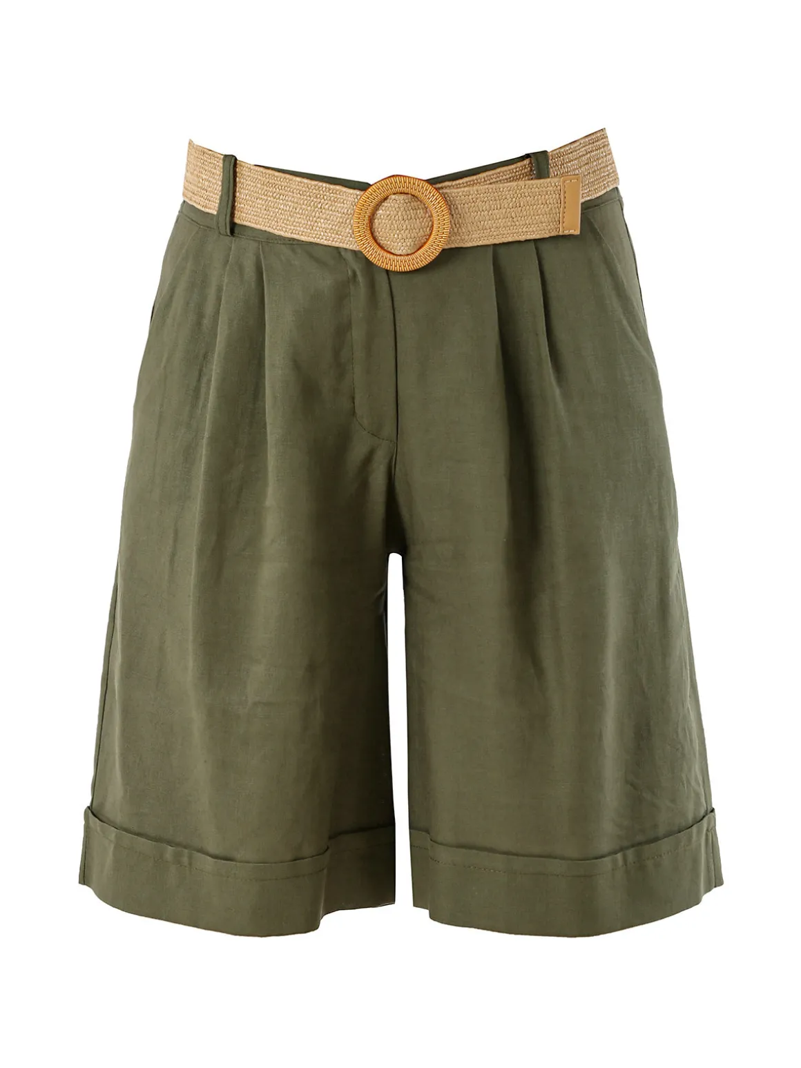 Frenetika Bermuda donna in misto lino con cintura in rafia - militare