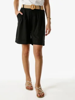Frenetika Bermuda donna in misto lino con cintura in rafia - nero
