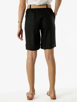 Frenetika Bermuda donna in misto lino con cintura in rafia - nero