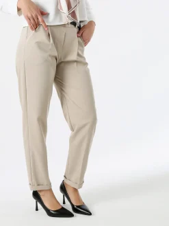 Frenetika Pantaloni da donna a gamba dritta con cintura e risvolti sul finale - beige